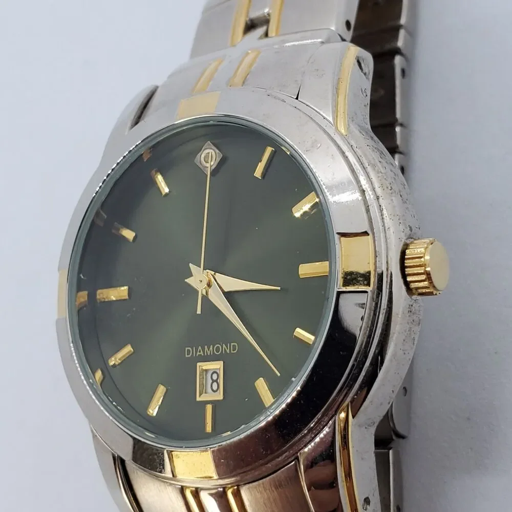 Men's Watch Diamond Accent 38MM Black‎ Dial Gold Gray Band Date 7